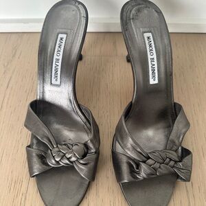 Manolo Blahnik Metallic Silver Braided Leather 3” Mule Heels